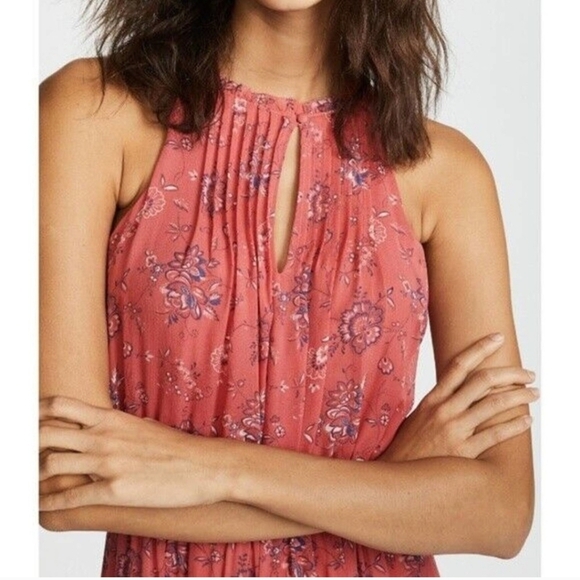 Joie 100% Silk Coral Pink Print Sheer Tiered Halter Midi Flowy Sundress Sz M - Picture 3 of 14